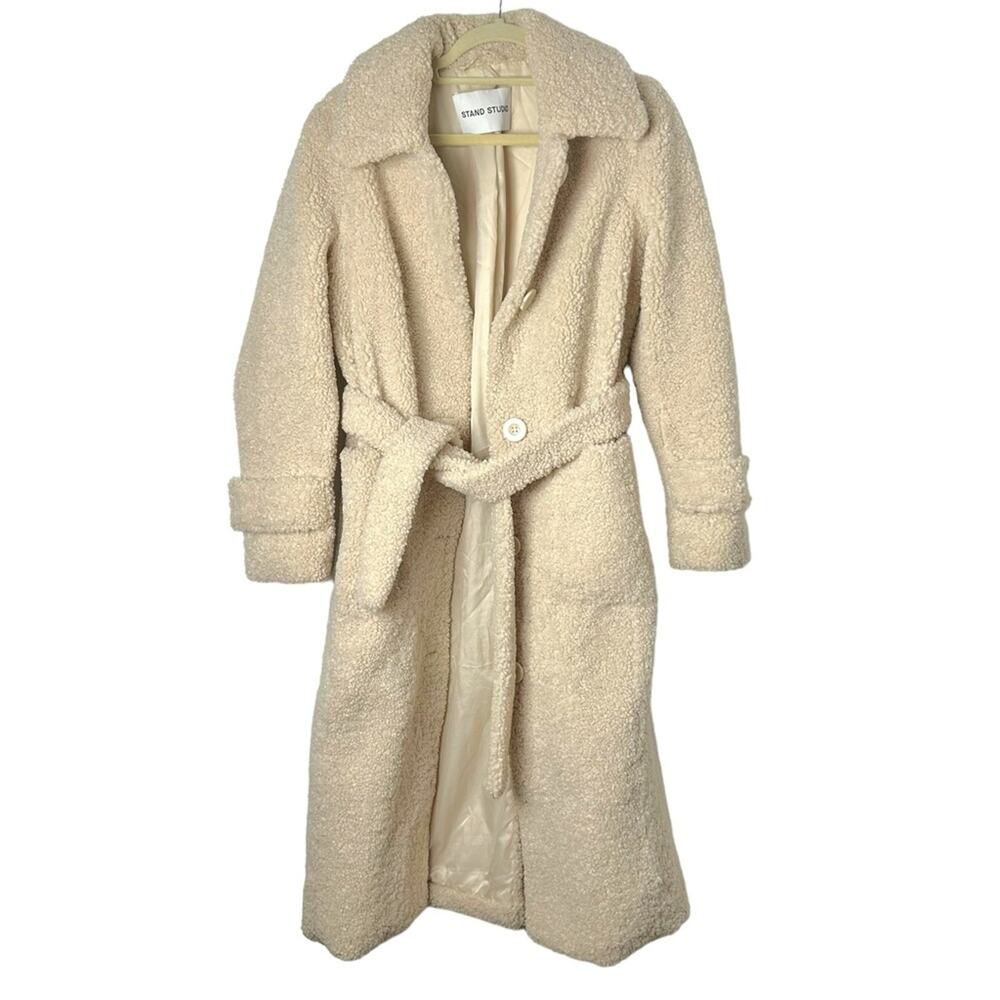 STAND STUDIO lottie belted faux shearling coat Jacket FR 36 US 4 EC